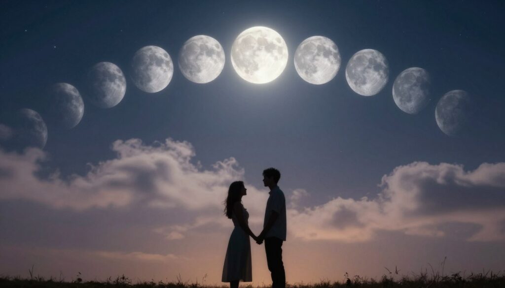 A beautiful night scene capturing the different phases of the moon in the sky, arranged in a gentle curve across the horizon. In the foreground, a silhouette of a couple holding hands, their love radiating warmth and connection under the bright full moon. Their figures are subtly illuminated by silvery moonlight, dressed in modest attire. In the middle ground, soft, ethereal clouds float, catching the moonlight and enhancing the dreamlike quality of the scene. The background features a starry sky, with twinkling stars adding depth and wonder. The lighting is soft and romantic, creating an atmosphere of intimacy and emotional intensity, perfect for illustrating the transformative power of the full moon on relationships. The angle is slightly tilted upward, emphasizing the moon and its phases above the couple. A beautiful night scene capturing the different phases of the moon in the sky, arranged in a gentle curve across the horizon. In the foreground, a silhouette of a couple holding hands, their love radiating warmth and connection under the bright full moon. Their figures are subtly illuminated by silvery moonlight, dressed in modest attire. In the middle ground, soft, ethereal clouds float, catching the moonlight and enhancing the dreamlike quality of the scene. The background features a starry sky, with twinkling stars adding depth and wonder. The lighting is soft and romantic, creating an atmosphere of intimacy and emotional intensity, perfect for illustrating the transformative power of the full moon on relationships. The angle is slightly tilted upward, emphasizing the moon and its phases above the couple.