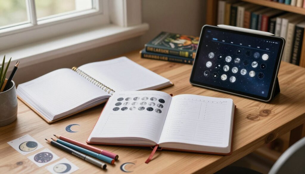 A beautifully arranged DIY lunar planner on a wooden desk, featuring a variety of formats such as a classic spiral-bound notebook, bullet journal, and digital tablet displaying a lunar calendar app. The foreground has colorful stationery, including pens, colored pencils, and moon-themed stickers, while a soft light from a nearby window illuminates the workspace, creating a warm and inviting atmosphere. In the middle, the planner pages are opened, revealing detailed lunar phases and space for notes and reflections. The background shows a cozy bookshelf filled with books on astrology and nature. This serene and focused setting conveys a creative and organized mood, perfect for crafting a custom lunar planner. The perspective is slightly angled above, capturing depth and a sense of immersion. A beautifully arranged DIY lunar planner on a wooden desk, featuring a variety of formats such as a classic spiral-bound notebook, bullet journal, and digital tablet displaying a lunar calendar app. The foreground has colorful stationery, including pens, colored pencils, and moon-themed stickers, while a soft light from a nearby window illuminates the workspace, creating a warm and inviting atmosphere. In the middle, the planner pages are opened, revealing detailed lunar phases and space for notes and reflections. The background shows a cozy bookshelf filled with books on astrology and nature. This serene and focused setting conveys a creative and organized mood, perfect for crafting a custom lunar planner. The perspective is slightly angled above, capturing depth and a sense of immersion.