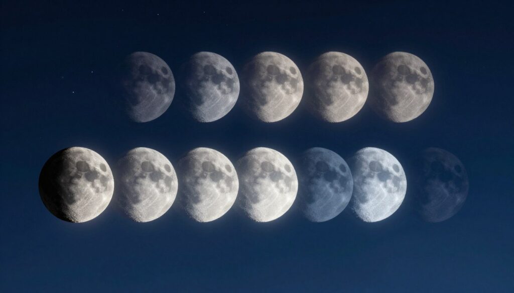 A beautifully arranged depiction of the lunar cycle phases, showcasing all eight distinct stages from New Moon to Full Moon and back to Balsamic Moon. In the foreground, the New Moon and the Balsamic Moon are highlighted, with intricate details reflecting the dark and silver hues. The middle ground presents the other phases, illuminated softly in gradient shades transitioning from deep navy to twilight blue. The background features a starry night sky that evokes a sense of wonder and serenity, subtly blurred to create depth. The lighting is soft yet ethereal, simulating the gentle glow of the moon illuminating the night. Capture the mood of tranquility and reflection, emphasizing the cyclical nature of the lunar phases in a harmonious composition, free of any additional text or distractions. A beautifully arranged depiction of the lunar cycle phases, showcasing all eight distinct stages from New Moon to Full Moon and back to Balsamic Moon. In the foreground, the New Moon and the Balsamic Moon are highlighted, with intricate details reflecting the dark and silver hues. The middle ground presents the other phases, illuminated softly in gradient shades transitioning from deep navy to twilight blue. The background features a starry night sky that evokes a sense of wonder and serenity, subtly blurred to create depth. The lighting is soft yet ethereal, simulating the gentle glow of the moon illuminating the night. Capture the mood of tranquility and reflection, emphasizing the cyclical nature of the lunar phases in a harmonious composition, free of any additional text or distractions.