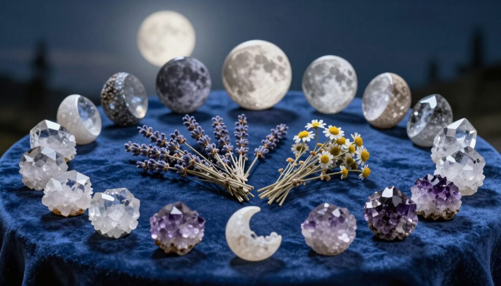 A beautifully arranged display of various crystals representing different moon phases, set on a soft, velvety dark blue surface. In the foreground, clusters of clear quartz, amethyst, and selenite are artistically positioned to embody the waxing and waning moon shapes. The middle section features a delicate arrangement of dried herbs, like lavender and chamomile, symbolizing their connection to lunar energy. The background showcases a serene night sky with soft, diffused moonlight illuminating the scene, casting gentle shadows. The lighting is soft and ethereal, creating a tranquil atmosphere. The camera angle is slightly above, capturing the harmonious interplay of the crystals and herbs. The overall mood is one of calm, reflection, and connection to nature. A beautifully arranged display of various crystals representing different moon phases, set on a soft, velvety dark blue surface. In the foreground, clusters of clear quartz, amethyst, and selenite are artistically positioned to embody the waxing and waning moon shapes. The middle section features a delicate arrangement of dried herbs, like lavender and chamomile, symbolizing their connection to lunar energy. The background showcases a serene night sky with soft, diffused moonlight illuminating the scene, casting gentle shadows. The lighting is soft and ethereal, creating a tranquil atmosphere. The camera angle is slightly above, capturing the harmonious interplay of the crystals and herbs. The overall mood is one of calm, reflection, and connection to nature.