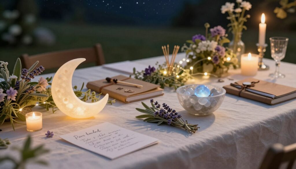 A beautifully arranged table showcasing moon circle supplies for a serene gathering. In the foreground, a soft, delicate white tablecloth holds an array of items: a crescent moon-shaped candle, handwritten intention cards, fresh herbs like sage and lavender, and a crystal bowl filled with moonstone. In the middle ground, there are artisanal notebooks and decorative matchsticks, surrounded by clusters of flora and fairy lights that gently illuminate the scene. The background features a softly blurred view of a tranquil outdoor space under a starry night sky, enhancing the magical atmosphere. The lighting is warm and inviting, casting gentle shadows that create a cozy and nurturing mood, perfect for introspection and community sharing. No people are present to keep the focus on the supplies. A beautifully arranged table showcasing moon circle supplies for a serene gathering. In the foreground, a soft, delicate white tablecloth holds an array of items: a crescent moon-shaped candle, handwritten intention cards, fresh herbs like sage and lavender, and a crystal bowl filled with moonstone. In the middle ground, there are artisanal notebooks and decorative matchsticks, surrounded by clusters of flora and fairy lights that gently illuminate the scene. The background features a softly blurred view of a tranquil outdoor space under a starry night sky, enhancing the magical atmosphere. The lighting is warm and inviting, casting gentle shadows that create a cozy and nurturing mood, perfect for introspection and community sharing. No people are present to keep the focus on the supplies.