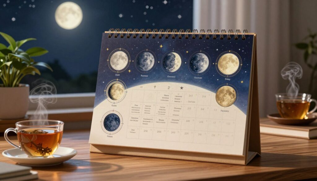 A beautifully crafted lunar cycle productivity calendar, prominently displayed on a wooden desk. In the foreground, vivid illustrations of the eight lunar phases, each encircled with symbolic representations of productivity tasks, such as planning, execution, and reflection. The middle layer features a serene workspace with a potted plant and a steaming cup of herbal tea. The background showcases a window revealing a tranquil night sky, filled with stars and a glowing full moon. Soft, warm lighting casts gentle shadows, creating a calm and focused atmosphere. The angle of the image is slightly tilted, inviting viewers to explore the details on the desk while feeling a sense of inspiration from the lunar themes.