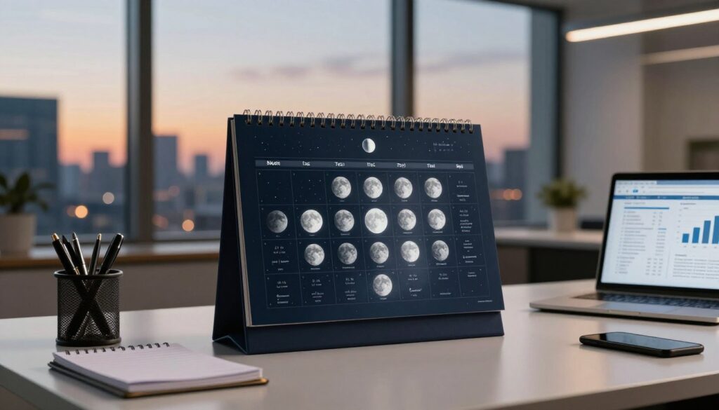 A beautifully designed lunar calendar prominently displayed on a sleek, modern office desk. In the foreground, an elegant desk organizer holds business tools like pens and notepads, while a laptop is partially open, showcasing graphs and plans related to business goals. The middle layer features the lunar calendar, intricately detailed with phases of the moon, each marked with corresponding business milestones and strategies. In the background, a large window reveals a vibrant city skyline under a twilight sky, casting a warm, inviting glow into the room. Use soft, ambient lighting to create a calm and focused atmosphere, emphasizing productivity and success. The image should capture a professional yet inspiring vibe, highlighting the connection between lunar rhythms and strategic business planning.