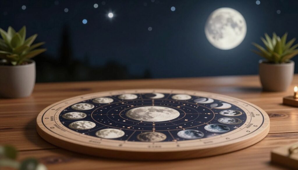A beautifully designed lunar cycle tracker set on a wooden table, with a close-up view of intricate diagrams showcasing the various phases of the moon: new moon, waxing crescent, first quarter, waxing gibbous, full moon, waning gibbous, last quarter, and waning crescent. In the foreground, delicate lunar illustrations, elegantly labeled, merged with a cozy, warm light creating a tranquil atmosphere. The background features a softly blurred night sky filled with twinkling stars, emphasizing the moon's importance in tracking celestial cycles. A small potted plant nearby adds a touch of nature. The scene evokes a sense of calm and reflection, perfect for personal development. Use a soft focus lens effect to enhance the privacy of the scene, fostering a meditative mood.