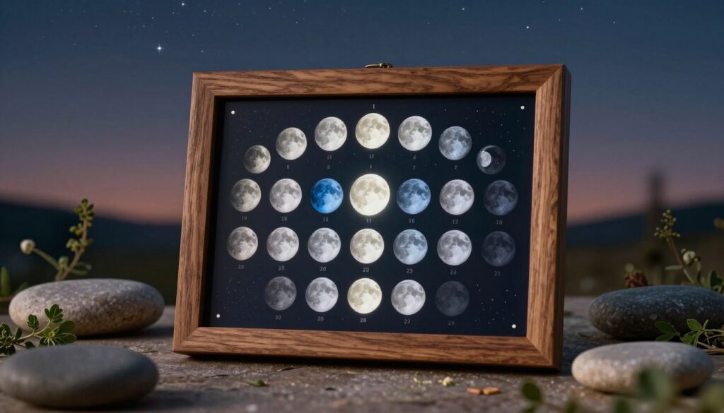 A beautifully designed moon phase calendar displayed in an elegant wooden frame. In the foreground, the calendar showcases intricate lunar phases, with each moon depicted in rich, natural colors—white, silver, and subtle blues—illuminated softly as if by moonlight. The middle ground features grounding elements like smooth, flat stones and green herbs subtly arranged around the calendar, emphasizing a connection to nature. The background softly fades into a deep twilight sky dotted with twinkling stars, conveying a serene and contemplative atmosphere. The lighting is soft and warm, creating a calming effect. The perspective captures the calendar slightly from above, inviting the viewer into the scene, evoking a sense of tranquility and mindfulness in alignment with lunar cycles.
