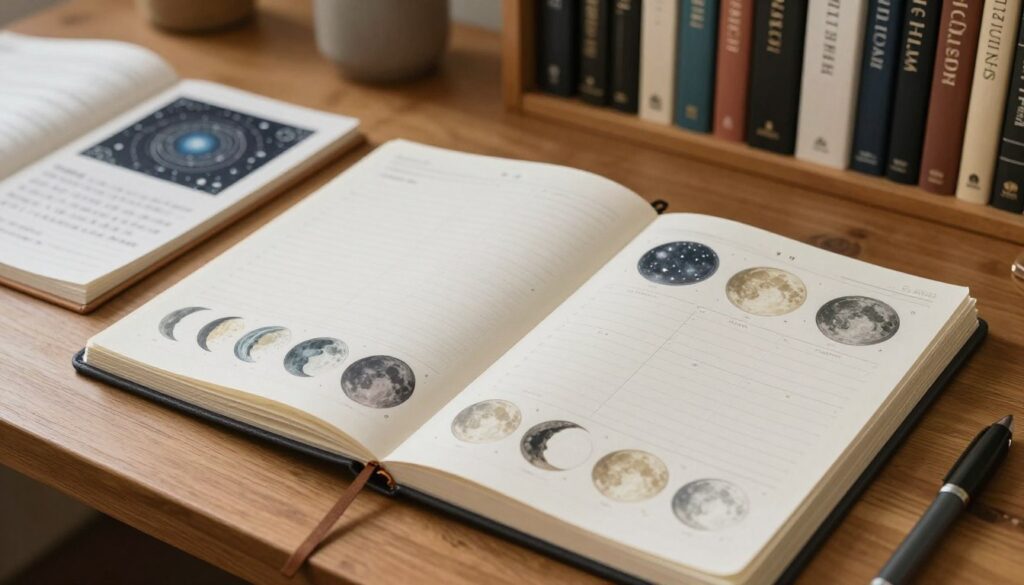A beautifully designed moon phase scheduler spread across an elegant planner layout. In the foreground, intricately drawn moon phases from new moon to full moon, each illustrated with soft, ethereal details. The middle ground features a wooden desk adorned with warm, natural lighting that highlights the celestial illustrations and handwritten notes on the planner pages. In the background, shelves filled with books on lunar cycles and astrology, adding depth to the scene. The atmosphere is serene and organized, inviting contemplation and creativity, perfect for planning. The lens captures this scene from a slightly elevated angle, creating a cohesive and inspiring workspace. A beautifully designed moon phase scheduler spread across an elegant planner layout. In the foreground, intricately drawn moon phases from new moon to full moon, each illustrated with soft, ethereal details. The middle ground features a wooden desk adorned with warm, natural lighting that highlights the celestial illustrations and handwritten notes on the planner pages. In the background, shelves filled with books on lunar cycles and astrology, adding depth to the scene. The atmosphere is serene and organized, inviting contemplation and creativity, perfect for planning. The lens captures this scene from a slightly elevated angle, creating a cohesive and inspiring workspace.
