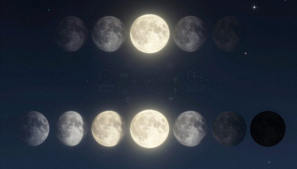A beautifully detailed illustration of the phases of the moon, focusing on the dark moon phase and its historical significance. In the foreground, show a celestial chart featuring the eight moon phases, each depicted as luminous orbs with varying degrees of brightness, transitioning from a full moon to a dark moon. In the middle ground, integrate ancient symbols and cultural artifacts related to the moon, such as lunar calendars and astrological signs, subtly illuminated by the soft glow of the moonlight. The background should display a serene night sky filled with twinkling stars, suggesting a tranquil atmosphere. Use soft, cool lighting to evoke a sense of mystery and reverence, with a wide-angle view to enhance the depth of the scene. The overall mood should be contemplative and ethereal, inviting viewers to ponder the moon's historical significance. A beautifully detailed illustration of the phases of the moon, focusing on the dark moon phase and its historical significance. In the foreground, show a celestial chart featuring the eight moon phases, each depicted as luminous orbs with varying degrees of brightness, transitioning from a full moon to a dark moon. In the middle ground, integrate ancient symbols and cultural artifacts related to the moon, such as lunar calendars and astrological signs, subtly illuminated by the soft glow of the moonlight. The background should display a serene night sky filled with twinkling stars, suggesting a tranquil atmosphere. Use soft, cool lighting to evoke a sense of mystery and reverence, with a wide-angle view to enhance the depth of the scene. The overall mood should be contemplative and ethereal, inviting viewers to ponder the moon's historical significance.