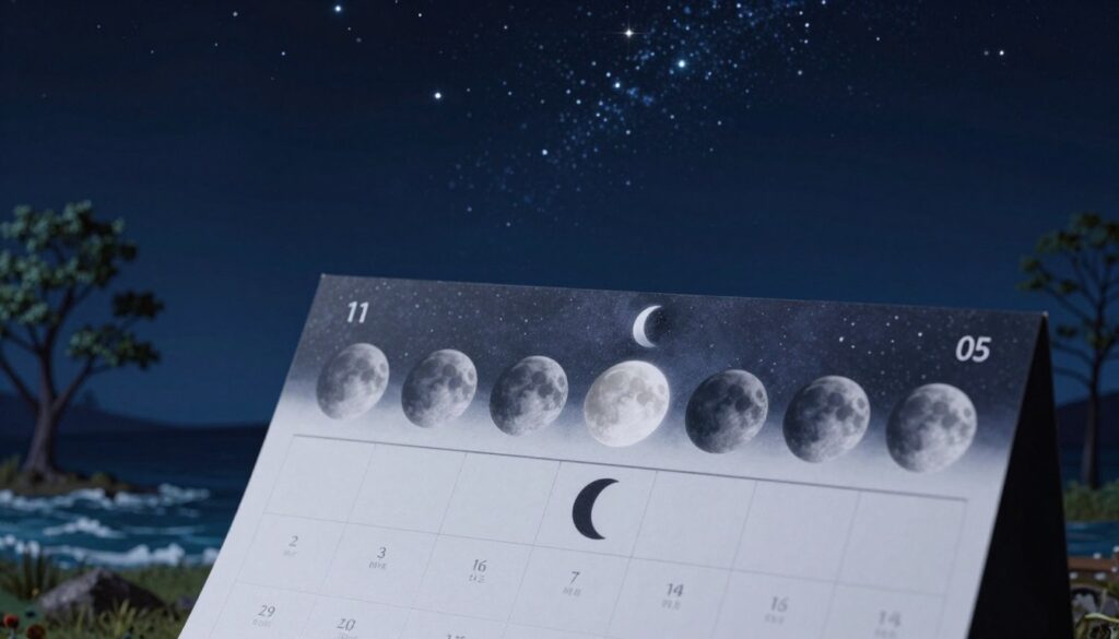 A beautifully detailed moon calendar displayed prominently in the foreground, showcasing the phases of the moon with emphasis on the dark moon phase, represented by a shadowy crescent against a rich, starry night sky. The middle ground features subtle illustrations of nature, such as delicate trees or calming waves, hinting at seasonal changes and lunar influence. In the background, a full expanse of the night sky is illuminated by twinkling stars, creating a serene and mystical atmosphere. Soft, ambient lighting enhances the calming mood, with a cool color palette dominated by deep blues and silvery whites. The angle is slightly elevated, offering a wide view of the calendar amidst the enchanting night scenery, inviting viewers to observe and ponder the significance of the dark moon. A beautifully detailed moon calendar displayed prominently in the foreground, showcasing the phases of the moon with emphasis on the dark moon phase, represented by a shadowy crescent against a rich, starry night sky. The middle ground features subtle illustrations of nature, such as delicate trees or calming waves, hinting at seasonal changes and lunar influence. In the background, a full expanse of the night sky is illuminated by twinkling stars, creating a serene and mystical atmosphere. Soft, ambient lighting enhances the calming mood, with a cool color palette dominated by deep blues and silvery whites. The angle is slightly elevated, offering a wide view of the calendar amidst the enchanting night scenery, inviting viewers to observe and ponder the significance of the dark moon.