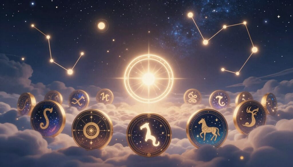 A beautifully illustrated depiction of the North Node represented in various Zodiac signs, prominently displayed in the foreground. The signs, adorned with intricate celestial patterns, shimmer against a backdrop of a starry night sky filled with softly glowing constellations. In the middle ground, a luminous North Node symbol radiates light, symbolizing destiny and aspiration. Wisps of ethereal clouds float, gently blending the foreground and background, enhancing the mystical atmosphere. The lighting is soft and atmospheric, emanating a warm, inviting glow that suggests hope and guidance. Capture the essence of a journey towards destiny, evoking feelings of wonder and aspiration, utilizing a wide-angle lens to create a immersive sense of depth. A beautifully illustrated depiction of the North Node represented in various Zodiac signs, prominently displayed in the foreground. The signs, adorned with intricate celestial patterns, shimmer against a backdrop of a starry night sky filled with softly glowing constellations. In the middle ground, a luminous North Node symbol radiates light, symbolizing destiny and aspiration. Wisps of ethereal clouds float, gently blending the foreground and background, enhancing the mystical atmosphere. The lighting is soft and atmospheric, emanating a warm, inviting glow that suggests hope and guidance. Capture the essence of a journey towards destiny, evoking feelings of wonder and aspiration, utilizing a wide-angle lens to create a immersive sense of depth.