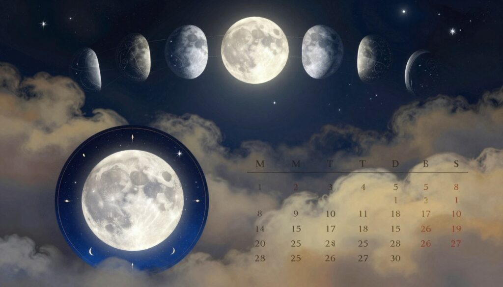 A beautifully illustrated lunar calendar displaying the various phases of the moon throughout the year. In the foreground, a circular calendar showcases the full moon, crescent moon, and new moon, artistically arranged with intricate celestial designs. Vibrant colors like deep blues and silvery whites illuminate the moons, contrasted with soft gold and earthy tones for the calendar background. In the middle ground, ethereal clouds gently float, creating a dreamlike ambiance. The background features a night sky filled with twinkling stars, subtly highlighting the connections between the moon and ancient timekeeping. The lighting is soft and luminous, evoking a sense of wonder and tranquility, as if capturing a magical moment in time under the moonlight. The composition has a harmonious and mystical mood, inviting viewers to explore the mythology associated with the moon and its influence on time. A beautifully illustrated lunar calendar displaying the various phases of the moon throughout the year. In the foreground, a circular calendar showcases the full moon, crescent moon, and new moon, artistically arranged with intricate celestial designs. Vibrant colors like deep blues and silvery whites illuminate the moons, contrasted with soft gold and earthy tones for the calendar background. In the middle ground, ethereal clouds gently float, creating a dreamlike ambiance. The background features a night sky filled with twinkling stars, subtly highlighting the connections between the moon and ancient timekeeping. The lighting is soft and luminous, evoking a sense of wonder and tranquility, as if capturing a magical moment in time under the moonlight. The composition has a harmonious and mystical mood, inviting viewers to explore the mythology associated with the moon and its influence on time.