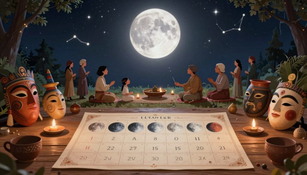 A beautifully illustrated lunar calendar showcasing its cultural significance across various civilizations. In the foreground, a wooden table displays an ornate, hand-painted lunar calendar with intricate symbols representing different moon phases, immersed within a collection of cultural artifacts such as traditional masks, pottery, and candles that symbolize festivities. The middle layer features a glowing full moon casting soft, silvery light over the scene, highlighting a diverse group of people in modest clothing, engaged in traditional rituals honoring the lunar phases. In the background, a night sky filled with stars and constellations adds depth, evoking a serene atmosphere. The image captures warmth and reverence, emphasizing the connection between the moon and cultural practices. Soft lighting accentuates the details, creating an inviting and contemplative mood.