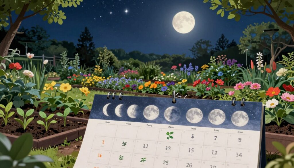 A beautifully illustrated lunar calendar specifically designed for gardening, featuring distinct phases of the moon and corresponding planting guidance. In the foreground, a detailed representation of the calendar itself, showing moon phases and various planting symbols such as seeds, sprouts, and flowers. The middle ground includes lush garden scenes, with various plants arranged in accordance with the lunar calendar, blooming vibrantly under gentle moonlight. The background showcases a serene night sky filled with stars, emphasizing the moon's glow casting dappled light across the garden. Soft, natural lighting enhances the tranquil yet productive mood, inviting viewers to engage with the agricultural wisdom of astrological planting. Use a wide-angle lens to capture the expansive garden layout, ensuring vibrant colors and rich textures that evoke a sense of harmony with nature.