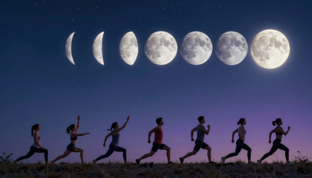 A beautifully illustrated representation of the lunar cycle intertwined with workout elements. In the foreground, a diverse group of people in modest athletic clothing, engaged in various exercises like yoga and running, each aligned with a different moon phase. In the middle, a stunning depiction of the moon phases, from new moon to full moon, artistically connecting to the individuals' movements, showing energy and dynamism. The background features a serene night sky filled with stars, a subtle gradient of deep blues and purples, enhancing the celestial theme. Soft, ethereal lighting illuminates the scene, creating a calm yet motivating atmosphere. The angle should evoke a sense of looking up from below, emphasizing both the lunar cycle and the human element in conjunction with nature.