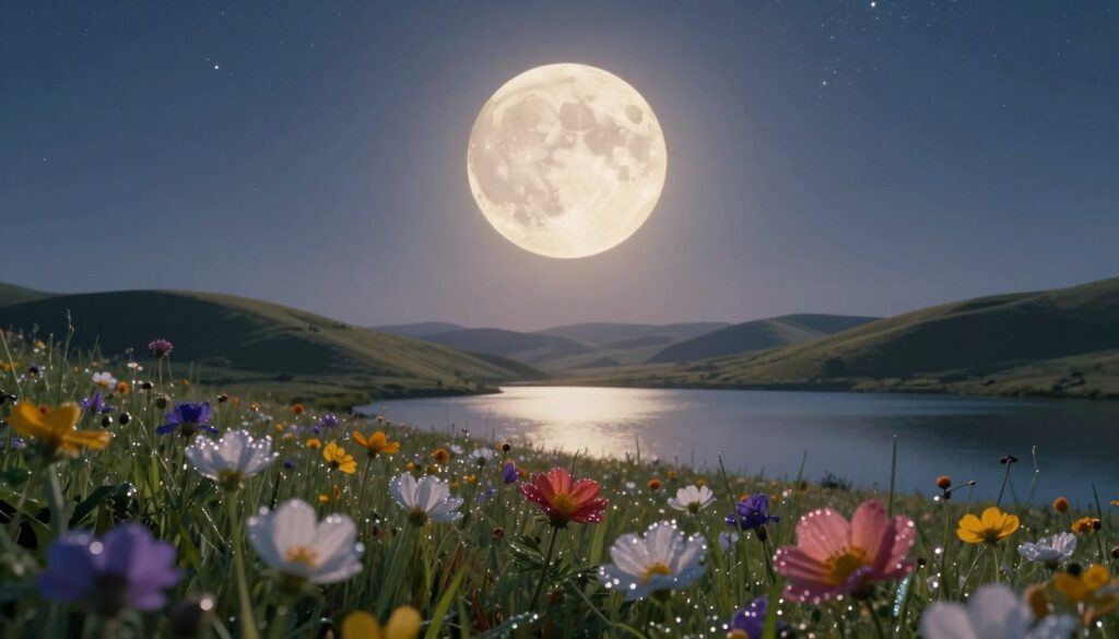 A breathtaking Flower Moon rising majestically over a serene landscape. In the foreground, delicate, colorful wildflowers bloom under the glow of the full moon, their petals glistening with dew. In the middle ground, rolling hills gently slope towards a tranquil lake reflecting the moonlight, creating a mirror-like surface. The background features a starry sky, peppered with twinkling stars, enhancing the magical atmosphere. The moon itself is large and luminous, casting a soft, ethereal light that bathes the scene in a calming, silvery hue. The composition is shot at a low angle to emphasize the grandeur of the moon, with a warm, inviting color palette that evokes a sense of wonder and tranquility. The overall mood is peaceful and contemplative, perfect for illustrating the science and significance of the Flower Moon.