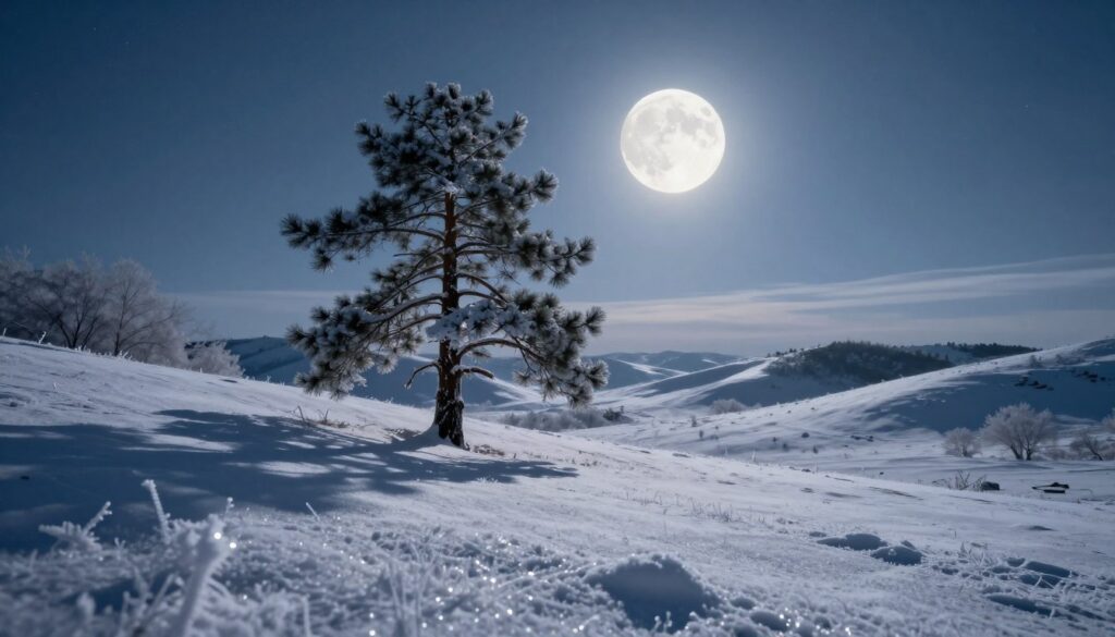 A breathtaking Snow Moon illuminating a tranquil winter landscape at night. In the foreground, softly glistening snow blankets the ground, with delicate frost crystals reflecting the pale light. In the middle ground, a lone, ancient pine tree stands tall, its branches heavy with luminous snow. The background features gently rolling hills disappearing into a starry sky, where the Snow Moon hangs large and radiant, casting a silvery glow over the scene. The atmosphere is serene and peaceful, evoking a sense of wonder and calm. Use a wide-angle lens to capture the expansive beauty, with a soft focus on the moon, emphasizing its ethereal presence, while the foreground remains in crisp detail. The lighting should be cool and inviting, highlighting the natural beauty of the winter night.