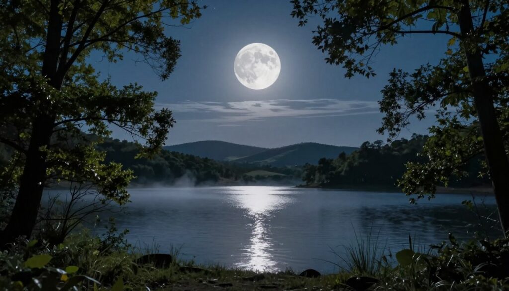 A breathtaking full moon illuminates a serene night sky, casting a silvery glow over a tranquil landscape. In the foreground, lush, shadowy trees frame the scene, their leaves shimmering softly in the moonlight. The middle ground features a peaceful lake, reflecting the moon’s ethereal light, creating a pathway of luminescence leading toward the horizon. In the background, softly rolling hills are silhouetted against the starry sky, adding depth to the composition. The atmosphere is calm and introspective, evoking a sense of culmination and closure. Subtle mist rises from the lake, enhancing the mystical ambiance. The image is captured with a wide-angle lens, emphasizing the grandeur of the moon and the surrounding nature, under soft, diffused lighting to evoke tranquility and introspection. A breathtaking full moon illuminates a serene night sky, casting a silvery glow over a tranquil landscape. In the foreground, lush, shadowy trees frame the scene, their leaves shimmering softly in the moonlight. The middle ground features a peaceful lake, reflecting the moon’s ethereal light, creating a pathway of luminescence leading toward the horizon. In the background, softly rolling hills are silhouetted against the starry sky, adding depth to the composition. The atmosphere is calm and introspective, evoking a sense of culmination and closure. Subtle mist rises from the lake, enhancing the mystical ambiance. The image is captured with a wide-angle lens, emphasizing the grandeur of the moon and the surrounding nature, under soft, diffused lighting to evoke tranquility and introspection.