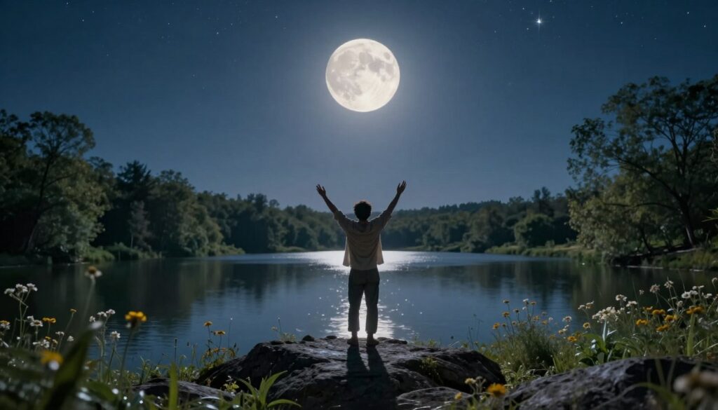 A breathtaking scene capturing the essence of a supermoon casting its luminous glow over a serene landscape. In the foreground, a contemplative figure dressed in modest casual clothing stands on a rocky outcrop, arms raised toward the moon, embodying a sense of spiritual connection and emotional energy. The middle ground features a calm lake reflecting the moonlight, surrounded by softly swaying trees and wildflowers that shimmer in the moonbeams. The background reveals a vast night sky filled with twinkling stars, adding to the mystical atmosphere. Soft, ethereal lighting creates a gentle, dreamlike ambiance, suggesting tranquility and introspection. The angle is slightly elevated, offering a panoramic view that emphasizes the vastness of the moon and the connection to nature. The overall mood is serene, inviting viewers to feel the emotional energy during a supermoon. A breathtaking scene capturing the essence of a supermoon casting its luminous glow over a serene landscape. In the foreground, a contemplative figure dressed in modest casual clothing stands on a rocky outcrop, arms raised toward the moon, embodying a sense of spiritual connection and emotional energy. The middle ground features a calm lake reflecting the moonlight, surrounded by softly swaying trees and wildflowers that shimmer in the moonbeams. The background reveals a vast night sky filled with twinkling stars, adding to the mystical atmosphere. Soft, ethereal lighting creates a gentle, dreamlike ambiance, suggesting tranquility and introspection. The angle is slightly elevated, offering a panoramic view that emphasizes the vastness of the moon and the connection to nature. The overall mood is serene, inviting viewers to feel the emotional energy during a supermoon.