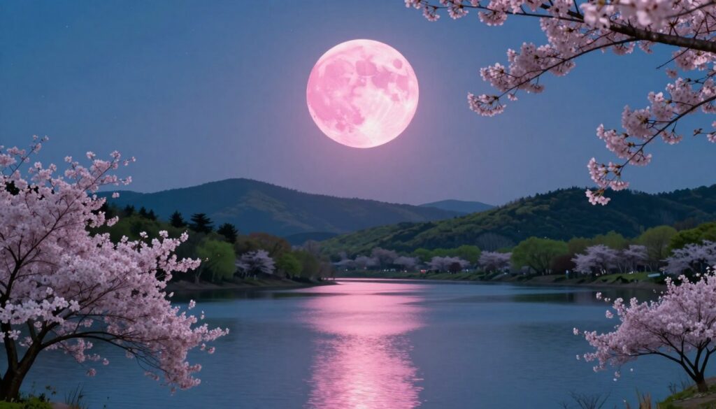 A breathtaking view of a large, luminous pink moon hanging low in a clear night sky, casting a gentle, ethereal light over a serene landscape. In the foreground, delicate cherry blossoms bloom, softly illuminated by the moonlight, while a tranquil lake reflects the glowing pink hues and the scattered stars above. In the middle ground, gently rolling hills adorned with lush greenery create a peaceful backdrop, enhancing the dreamy atmosphere. The scene is captured from a slightly raised perspective, using a wide-angle lens to encompass the grandeur of the moon and its surroundings. The mood is serene and contemplative, evoking a sense of wonder and the mystery of nature.
