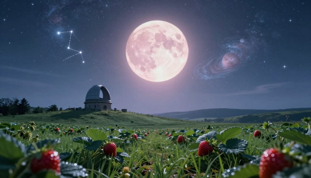 A breathtaking view of the Strawberry Moon, large and luminous in the night sky, surrounded by a soft halo of ethereal light. In the foreground, a serene landscape of lush green fields illuminated by the moon's glow, dotted with vibrant strawberries glistening with dew under the moonlight. In the middle ground, a gentle rise of hills leads toward an ancient stone observatory, its silhouette defined against the night sky. Behind, a star-filled universe sparkles with constellations, planets, and swirling galaxies, evoking a sense of wonder and cosmic significance. The scene is bathed in cool, silvery blue and soft pastel pink hues, creating a peaceful yet awe-inspiring atmosphere. The image conveys a mood of tranquility and curiosity about the celestial phenomena, captured from a low angle with a wide lens to enhance the grandeur of the moon and the night sky. A breathtaking view of the Strawberry Moon, large and luminous in the night sky, surrounded by a soft halo of ethereal light. In the foreground, a serene landscape of lush green fields illuminated by the moon's glow, dotted with vibrant strawberries glistening with dew under the moonlight. In the middle ground, a gentle rise of hills leads toward an ancient stone observatory, its silhouette defined against the night sky. Behind, a star-filled universe sparkles with constellations, planets, and swirling galaxies, evoking a sense of wonder and cosmic significance. The scene is bathed in cool, silvery blue and soft pastel pink hues, creating a peaceful yet awe-inspiring atmosphere. The image conveys a mood of tranquility and curiosity about the celestial phenomena, captured from a low angle with a wide lens to enhance the grandeur of the moon and the night sky.