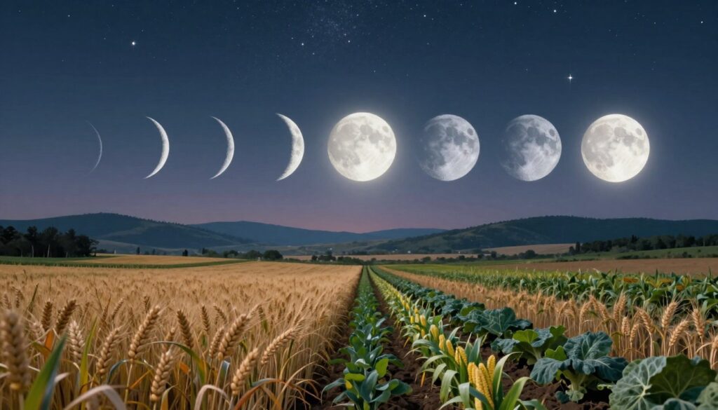 A captivating illustration of lunar phases influencing agriculture. In the foreground, depict a vibrant field with diverse crops like wheat, corn, and vegetables at different growth stages, symbolizing the lunar cycle. In the middle layer, include a large, detailed moon, showcasing various phases—from new moon to full moon—illuminating the farm with a soft, silvery light. The background should feature rolling hills and a twilight sky transitioning from dusk to night, filled with twinkling stars. Use soft, diffused lighting to create a serene and contemplative atmosphere, highlighting the connection between the moon and farming practices. The scene is framed with a gentle, wide-angle lens to capture the expansive landscape and the celestial beauty above. A captivating illustration of lunar phases influencing agriculture. In the foreground, depict a vibrant field with diverse crops like wheat, corn, and vegetables at different growth stages, symbolizing the lunar cycle. In the middle layer, include a large, detailed moon, showcasing various phases—from new moon to full moon—illuminating the farm with a soft, silvery light. The background should feature rolling hills and a twilight sky transitioning from dusk to night, filled with twinkling stars. Use soft, diffused lighting to create a serene and contemplative atmosphere, highlighting the connection between the moon and farming practices. The scene is framed with a gentle, wide-angle lens to capture the expansive landscape and the celestial beauty above.