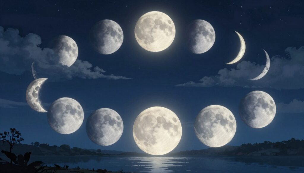 A captivating illustration of the lunar cycle phases, showcasing all eight distinct moon phases in a circular arrangement. The foreground features detailed depictions of the new moon, waxing crescent, first quarter, waxing gibbous, full moon, waning gibbous, last quarter, and waning crescent, each phase illustrated with soft gradients and subtle textures that capture the essence of the moon's glow. In the middle ground, wispy clouds drift across a deep blue night sky, enhancing the celestial atmosphere. The background reveals a faint silhouette of a tranquil landscape, perhaps a serene lake reflecting the moonlight. The scene is bathed in soft, silver lighting, creating a calm and serene mood. The image is composed with a slight upward angle, emphasizing the majesty of the moon phases against the vastness of space, ideal for educational purposes.