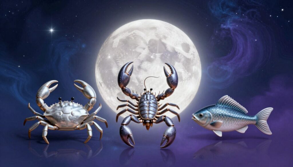 A captivating illustration showcasing the zodiac signs ruled by the Moon: Cancer, Scorpio, and Pisces. In the foreground, each sign is represented by their symbols—an elegant crab for Cancer, a mysterious scorpion for Scorpio, and a graceful fish for Pisces—crafted in intricate detail. In the middle ground, a radiant full moon glows softly, enveloping the signs in a gentle silver light that casts enchanting reflections. The background features a starry night sky, deep blues and purples swirling, evoking a sense of mystique and wonder. The entire scene is illuminated with a soft, ethereal glow, suggesting tranquility and introspection, captured from a slight angle to enhance depth. The overall mood is serene and celestial, perfect for illustrating the mystical connection of these zodiac signs with lunar energy. A captivating illustration showcasing the zodiac signs ruled by the Moon: Cancer, Scorpio, and Pisces. In the foreground, each sign is represented by their symbols—an elegant crab for Cancer, a mysterious scorpion for Scorpio, and a graceful fish for Pisces—crafted in intricate detail. In the middle ground, a radiant full moon glows softly, enveloping the signs in a gentle silver light that casts enchanting reflections. The background features a starry night sky, deep blues and purples swirling, evoking a sense of mystique and wonder. The entire scene is illuminated with a soft, ethereal glow, suggesting tranquility and introspection, captured from a slight angle to enhance depth. The overall mood is serene and celestial, perfect for illustrating the mystical connection of these zodiac signs with lunar energy.