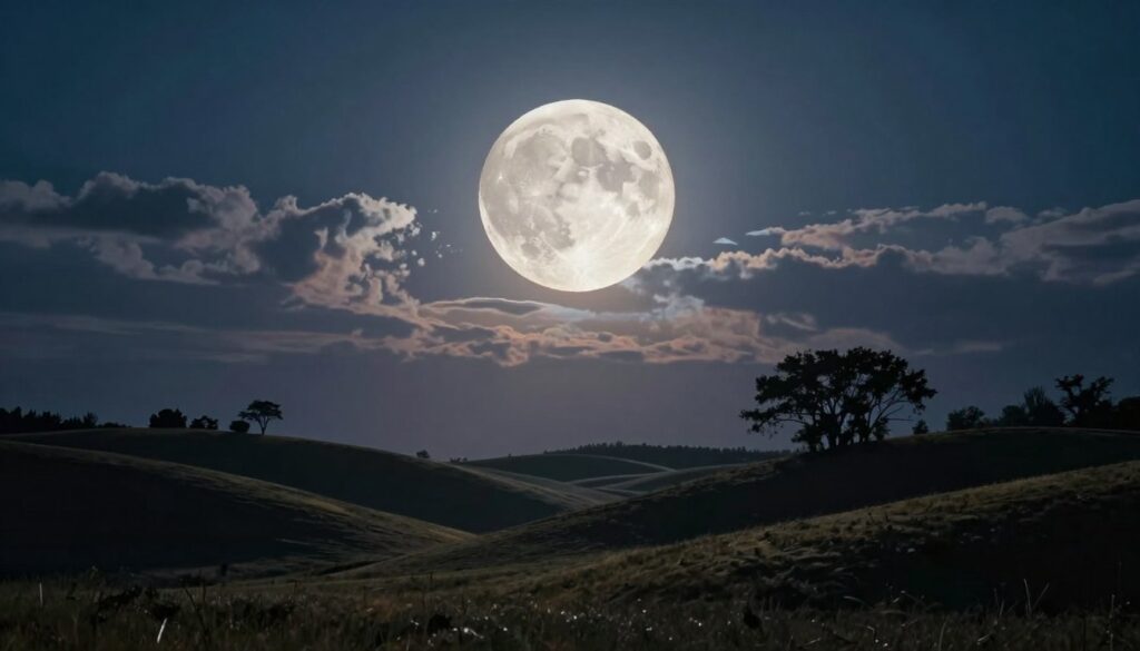 A captivating night sky scene showcasing the powerful effects of a supermoon. In the foreground, a serene landscape with gentle rolling hills illuminated by the moonlight, casting soft shadows on the ground. In the middle, a radiant supermoon dominates the sky, appearing exceptionally large and bright, with intricate details visible on its surface. Surrounding the moon, wispy clouds reflect the moon's glow, creating a dreamlike atmosphere. In the background, silhouetted trees stand tall against the night, adding depth to the composition. The lighting is soft yet dramatic, emphasizing the moon’s ethereal presence. The overall mood is mystical and tranquil, inviting viewers to explore the wonders and myths surrounding the supermoon. A captivating night sky scene showcasing the powerful effects of a supermoon. In the foreground, a serene landscape with gentle rolling hills illuminated by the moonlight, casting soft shadows on the ground. In the middle, a radiant supermoon dominates the sky, appearing exceptionally large and bright, with intricate details visible on its surface. Surrounding the moon, wispy clouds reflect the moon's glow, creating a dreamlike atmosphere. In the background, silhouetted trees stand tall against the night, adding depth to the composition. The lighting is soft yet dramatic, emphasizing the moon’s ethereal presence. The overall mood is mystical and tranquil, inviting viewers to explore the wonders and myths surrounding the supermoon.