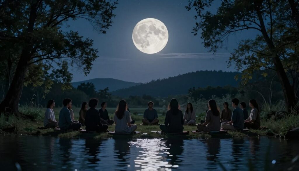 A captivating scene depicting the full moon's ethereal glow illuminating a serene night landscape. In the foreground, a tranquil lake reflects the moonlight, with gentle ripples distorting its image. Silhouettes of trees frame the sides, their branches lightly swaying in a soft breeze. In the middle ground, a group of diverse individuals, dressed in modest casual clothing, gather in a harmonious circle, their faces serene and contemplative, embodying the connection to lunar energy. The background features distant hills under a starry sky, enhancing the peaceful ambiance. The atmosphere is tranquil and reflective, with a bright yet soft lighting that casts a mystic glow, emphasizing the moon's influence on collective energy. The composition should create a sense of unity and calm, inviting viewers to ponder the moon's effects.