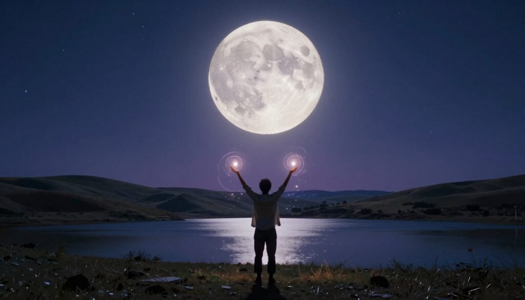 A captivating scene depicting the spiritual significance of the full moon, with a radiant full moon dominating the night sky, casting a soft glow over a serene landscape. In the foreground, a silhouette of a person in modest casual clothing stands with arms raised, absorbing the moon's energy, surrounded by luminous orbs of light swirling around them, symbolizing energy release. The middle ground features gentle hills and a tranquil lake mirroring the moonlight, creating a sense of harmony. The background is a deep indigo sky filled with scattered stars, enhancing the mystical atmosphere. The lighting is ethereal and soft, evoking a sense of peace and spiritual awakening, with a wide-angle lens capturing the vastness of the scene. A captivating scene depicting the spiritual significance of the full moon, with a radiant full moon dominating the night sky, casting a soft glow over a serene landscape. In the foreground, a silhouette of a person in modest casual clothing stands with arms raised, absorbing the moon's energy, surrounded by luminous orbs of light swirling around them, symbolizing energy release. The middle ground features gentle hills and a tranquil lake mirroring the moonlight, creating a sense of harmony. The background is a deep indigo sky filled with scattered stars, enhancing the mystical atmosphere. The lighting is ethereal and soft, evoking a sense of peace and spiritual awakening, with a wide-angle lens capturing the vastness of the scene.