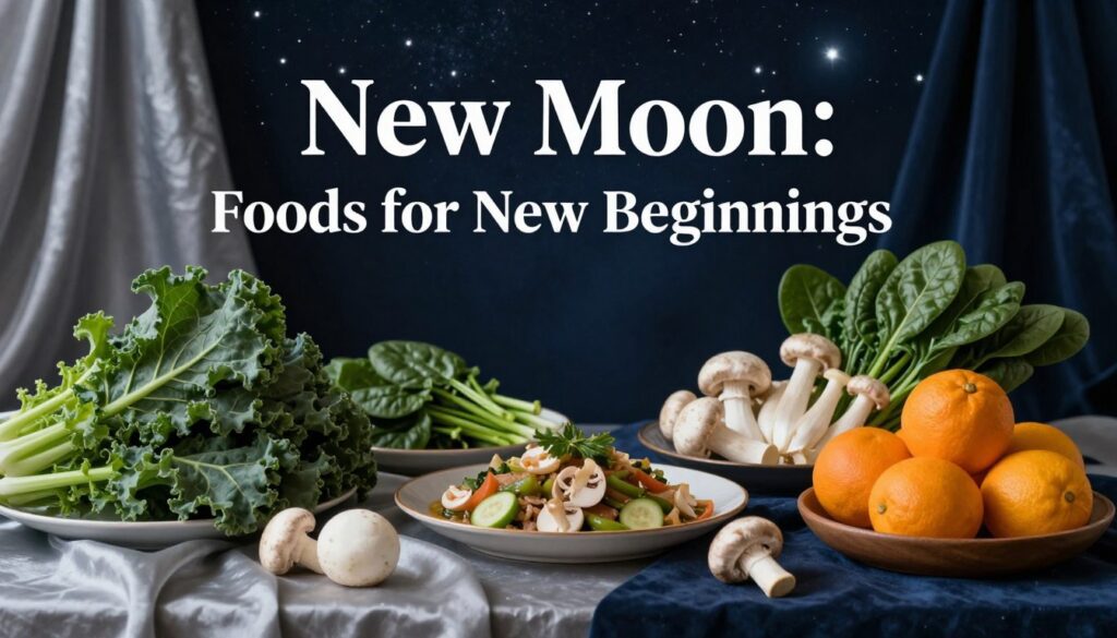 A captivating still life scene centered around the theme of 'New Moon: Foods for New Beginnings.' In the foreground, a table laid with fresh, seasonal ingredients symbolizing rejuvenation: vibrant greens like kale and spinach, elegant white mushrooms, and a bowl of bright citrus fruits. Soft, lush fabrics in shades of deep navy and gentle silver create an inviting backdrop, hinting at the moonlit sky. In the middle, an arrangement of beautifully plated dishes using these ingredients, glistening under warm, soft lighting that evokes a cozy atmosphere. In the background, subtle hints of shimmering stars against a velvety night sky. The overall mood is serene and hopeful, suggesting nourishment and fresh starts. The composition should capture both elegance and simplicity in an inviting, harmonious setting.