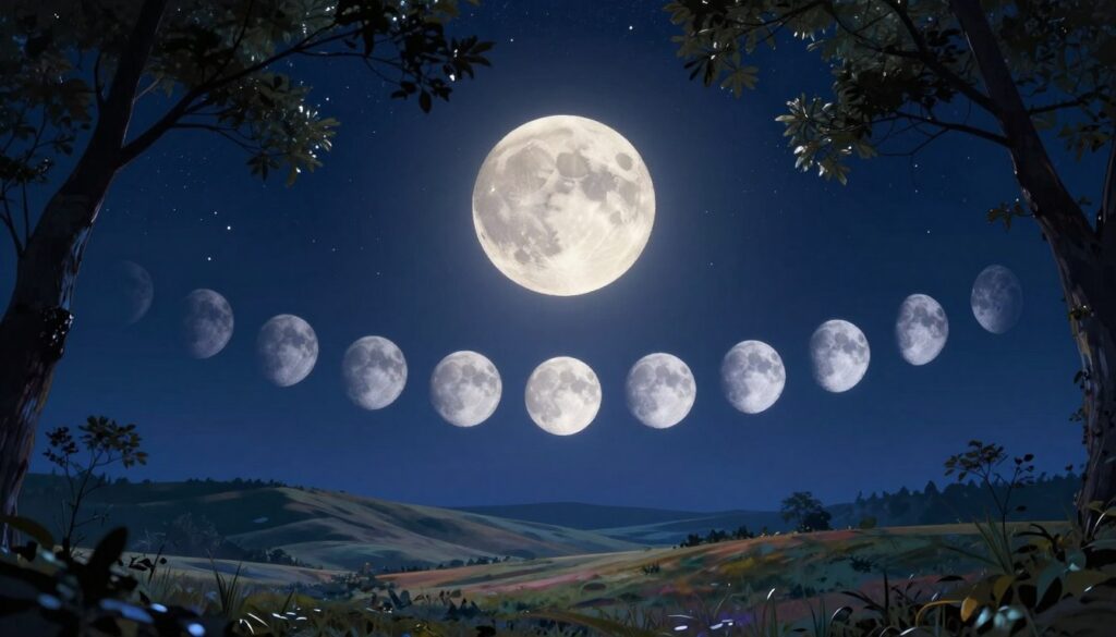 A captivating visual representation of the lunar cycle, center-focused on the luminous Full Moon radiating vibrant energy. In the foreground, delicate silhouettes of trees frame the scene, their branches glistening under the moonlight. The middle ground transitions into a tranquil landscape with rolling hills, softly illuminated by the moon's ethereal glow, showcasing subtleties of color reflecting the various moon phases. The background features a starry sky, deep indigo with twinkling stars spiraling around the moon, suggesting celestial movement. The lighting is soft yet illuminating, creating a serene and mystical atmosphere. The image conveys a sense of calmness and wonder, perfect for capturing the essence of lunar energies resonating throughout the cycles. A captivating visual representation of the lunar cycle, center-focused on the luminous Full Moon radiating vibrant energy. In the foreground, delicate silhouettes of trees frame the scene, their branches glistening under the moonlight. The middle ground transitions into a tranquil landscape with rolling hills, softly illuminated by the moon's ethereal glow, showcasing subtleties of color reflecting the various moon phases. The background features a starry sky, deep indigo with twinkling stars spiraling around the moon, suggesting celestial movement. The lighting is soft yet illuminating, creating a serene and mystical atmosphere. The image conveys a sense of calmness and wonder, perfect for capturing the essence of lunar energies resonating throughout the cycles.