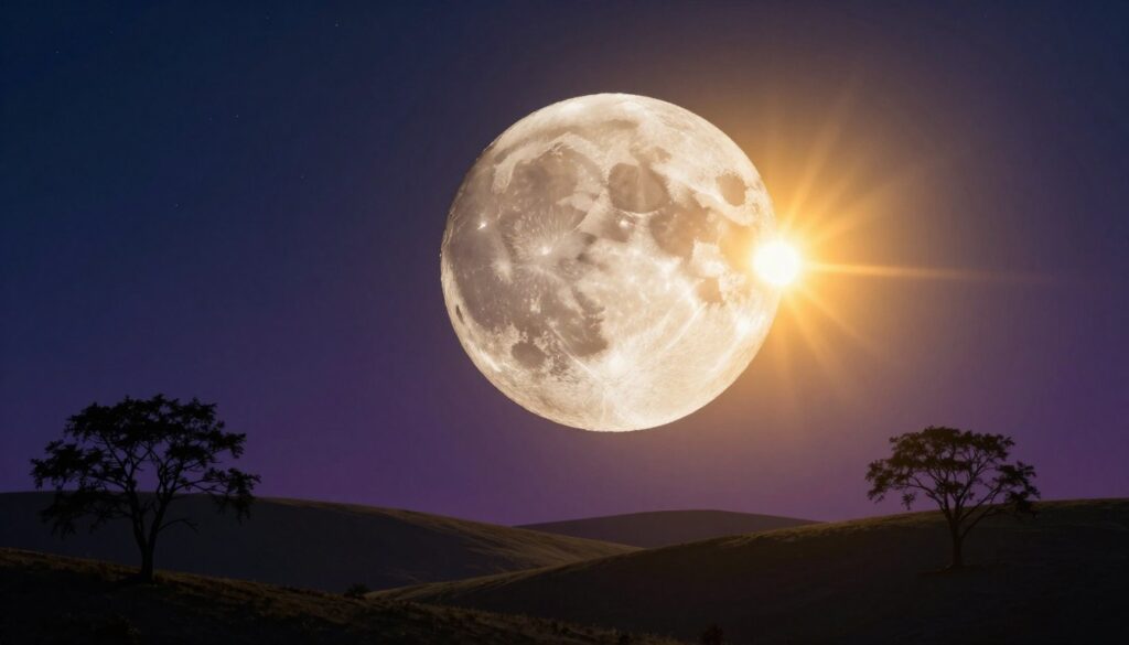 A celestial scene depicting a lunar transit, showcasing the moon moving across the sun, creating a stunning silhouette effect. In the foreground, a silhouette of a peaceful landscape, including gently rolling hills and delicate trees. The middle ground features the moon, vividly detailed with craters and textures, partially obscuring the sun, which radiates warm golden light and bright solar flares. In the background, a deep starry sky blends into shades of twilight blue and purple, accentuating the celestial phenomenon. The lighting is dramatic, casting ethereal shadows, while soft glows create a mystical atmosphere. This scene captures the beauty and awe of lunar transits, making it a compelling visual for a deep and engaging exploration of astrology. A celestial scene depicting a lunar transit, showcasing the moon moving across the sun, creating a stunning silhouette effect. In the foreground, a silhouette of a peaceful landscape, including gently rolling hills and delicate trees. The middle ground features the moon, vividly detailed with craters and textures, partially obscuring the sun, which radiates warm golden light and bright solar flares. In the background, a deep starry sky blends into shades of twilight blue and purple, accentuating the celestial phenomenon. The lighting is dramatic, casting ethereal shadows, while soft glows create a mystical atmosphere. This scene captures the beauty and awe of lunar transits, making it a compelling visual for a deep and engaging exploration of astrology.