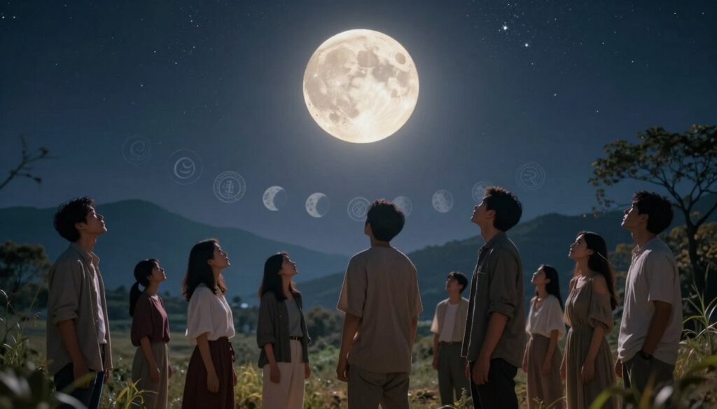 A celestial scene illustrating cultural references to the moon, featuring a serene nighttime sky filled with twinkling stars and a large, luminous full moon. In the foreground, a diverse group of people in modest casual clothing stands together, gazing up with wonder, expressing various emotions of awe and inspiration. In the middle ground, ancient symbols and motifs related to the moon, such as crescent shapes and lunar phases, are subtly integrated into the landscape, reminiscent of different cultures. The background includes a blend of tranquil mountains and silhouettes of trees, bathed in a soft, warm glow from the moonlight. Soft, ethereal lighting enhances the dreamy atmosphere, evoking a sense of connection to the universe and the shared human fascination with the moon. A celestial scene illustrating cultural references to the moon, featuring a serene nighttime sky filled with twinkling stars and a large, luminous full moon. In the foreground, a diverse group of people in modest casual clothing stands together, gazing up with wonder, expressing various emotions of awe and inspiration. In the middle ground, ancient symbols and motifs related to the moon, such as crescent shapes and lunar phases, are subtly integrated into the landscape, reminiscent of different cultures. The background includes a blend of tranquil mountains and silhouettes of trees, bathed in a soft, warm glow from the moonlight. Soft, ethereal lighting enhances the dreamy atmosphere, evoking a sense of connection to the universe and the shared human fascination with the moon.