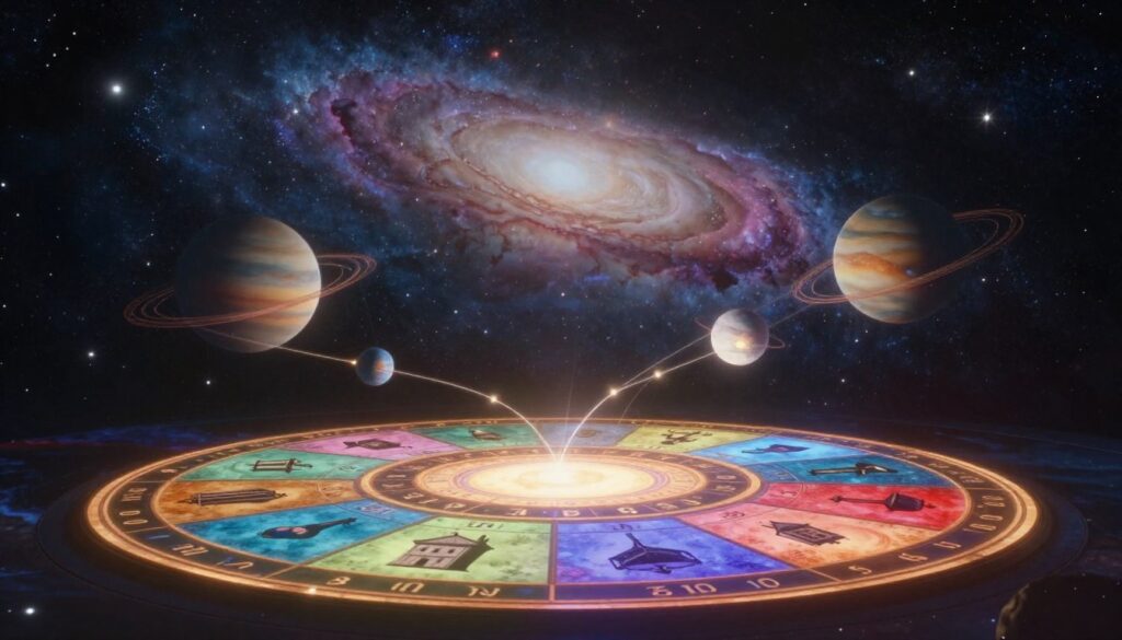 A celestial scene illustrating "planetary influences" focused on symbols of houses used in lunar astrology. In the foreground, intricate zodiac wheel segments glow with vibrant colors, each representing different astrological houses. The middle ground features ethereal planets interconnected by luminous lines, signifying their influence and movement. The background is a starlit galaxy with swirling cosmic clouds, creating a mystical atmosphere. The lighting is soft and radiant, casting shadows that enhance the depth of the scene. The perspective is slightly elevated, allowing the viewer to feel immersed in this astrological landscape. The overall mood is one of enlightenment and cosmic connection, inviting contemplation about the impact of lunar returns on personal growth. A celestial scene illustrating "planetary influences" focused on symbols of houses used in lunar astrology. In the foreground, intricate zodiac wheel segments glow with vibrant colors, each representing different astrological houses. The middle ground features ethereal planets interconnected by luminous lines, signifying their influence and movement. The background is a starlit galaxy with swirling cosmic clouds, creating a mystical atmosphere. The lighting is soft and radiant, casting shadows that enhance the depth of the scene. The perspective is slightly elevated, allowing the viewer to feel immersed in this astrological landscape. The overall mood is one of enlightenment and cosmic connection, inviting contemplation about the impact of lunar returns on personal growth.