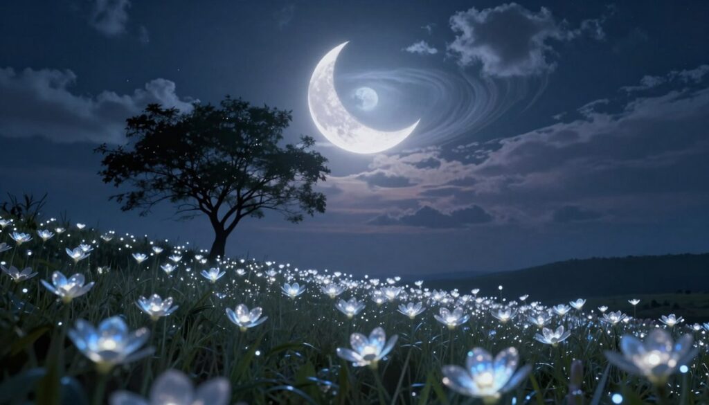 A cosmic scene illustrating the concept of "lunar energy shift" during the First Quarter Moon phase. In the foreground, a serene landscape features luminous, softly glowing flowers stretching towards the moonlight, their petals shimmering with ethereal hues of blue and silver. The middle ground shows a silhouette of a lone tree, its branches gently swaying as if responding to the moon's energy. In the background, a vibrant night sky is filled with swirling clouds, illuminated by the crescent moon casting its soft, celestial light. The atmosphere is tranquil yet infused with a sense of dynamic change, suggesting the energetic shift associated with the lunar phase. The scene is captured from a low angle, enhancing the majesty of the moon while bathed in cool, gentle lighting to evoke a peaceful yet transformative mood. A cosmic scene illustrating the concept of "lunar energy shift" during the First Quarter Moon phase. In the foreground, a serene landscape features luminous, softly glowing flowers stretching towards the moonlight, their petals shimmering with ethereal hues of blue and silver. The middle ground shows a silhouette of a lone tree, its branches gently swaying as if responding to the moon's energy. In the background, a vibrant night sky is filled with swirling clouds, illuminated by the crescent moon casting its soft, celestial light. The atmosphere is tranquil yet infused with a sense of dynamic change, suggesting the energetic shift associated with the lunar phase. The scene is captured from a low angle, enhancing the majesty of the moon while bathed in cool, gentle lighting to evoke a peaceful yet transformative mood.