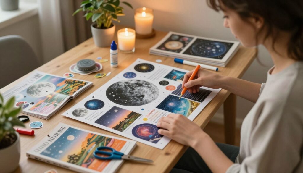A cozy indoor setting where a woman in modest casual clothing is thoughtfully assembling a lunar vision board. In the foreground, she is surrounded by colorful magazines, scissors, a glue stick, and various decorative items like stickers and markers. In the middle ground, the table is cluttered with images of celestial bodies, calming landscapes, and motivational quotes, showcasing her creative process. In the background, soft, warm lighting enhances the inviting atmosphere, with plants and candles adding to the serene ambiance. The scene should capture a sense of focus and inspiration, reflecting the joy of manifesting dreams under the moon’s energy. The composition should be shot from a slightly elevated angle to emphasize the vision board and the cozy workspace. A cozy indoor setting where a woman in modest casual clothing is thoughtfully assembling a lunar vision board. In the foreground, she is surrounded by colorful magazines, scissors, a glue stick, and various decorative items like stickers and markers. In the middle ground, the table is cluttered with images of celestial bodies, calming landscapes, and motivational quotes, showcasing her creative process. In the background, soft, warm lighting enhances the inviting atmosphere, with plants and candles adding to the serene ambiance. The scene should capture a sense of focus and inspiration, reflecting the joy of manifesting dreams under the moon’s energy. The composition should be shot from a slightly elevated angle to emphasize the vision board and the cozy workspace.