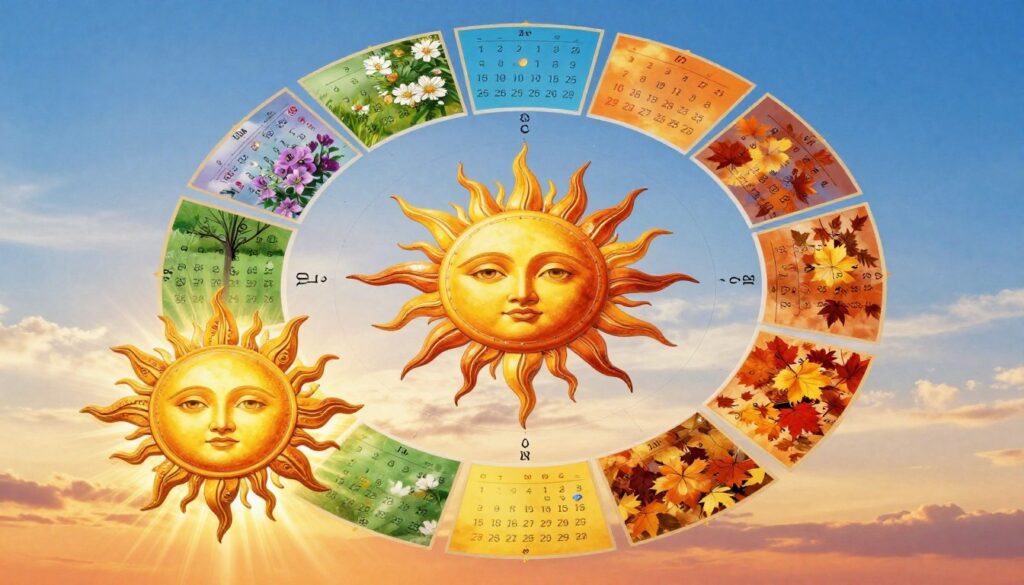 A detailed illustration of a solar calendar, featuring vibrant representations of the sun and its cycles. In the foreground, a large, ornate sun symbol with intricate designs radiates light, symbolizing the passage of time. The middle ground includes a monthly calendar grid, each month characterized by seasonal imagery, like blooming flowers for spring and falling leaves for autumn, embodying the yearly cycle. In the background, a bright blue sky fades into warm hues of sunset, indicating a celestial theme. The lighting is warm and inviting, creating a sense of harmony and balance. The scene conveys a blend of clarity and serenity, emphasizing the importance and beauty of solar calendars in timekeeping. The perspective is slightly elevated, providing an overview that allows for a comprehensive view of the solar calendar's elements.