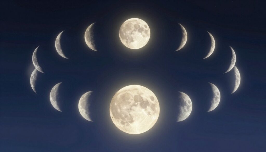 A detailed illustration of the lunar cycle, showcasing all eight phases of the moon—new moon, waxing crescent, first quarter, waxing gibbous, full moon, waning gibbous, last quarter, and waning crescent—arranged in a circular format. The foreground features a close-up of the full moon, glowing brightly against a dark starry sky, illustrating its luminous details like craters and surface texture. The middle ground should depict the transition phases blending smoothly into one another, creating a seamless flow of the cycle. The background is a soft gradient of deep blue to black, resembling a nighttime sky, with scattered stars. Use soft, ambient lighting to create a serene and mystical atmosphere, evoking wonder and contemplation about the lunar cycle's duration. The angle should be slightly elevated, giving an encompassing view of the moon phases, without any text or distractions. A detailed illustration of the lunar cycle, showcasing all eight phases of the moon—new moon, waxing crescent, first quarter, waxing gibbous, full moon, waning gibbous, last quarter, and waning crescent—arranged in a circular format. The foreground features a close-up of the full moon, glowing brightly against a dark starry sky, illustrating its luminous details like craters and surface texture. The middle ground should depict the transition phases blending smoothly into one another, creating a seamless flow of the cycle. The background is a soft gradient of deep blue to black, resembling a nighttime sky, with scattered stars. Use soft, ambient lighting to create a serene and mystical atmosphere, evoking wonder and contemplation about the lunar cycle's duration. The angle should be slightly elevated, giving an encompassing view of the moon phases, without any text or distractions.