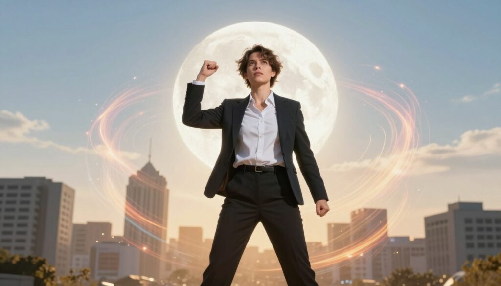 A dynamic scene depicting a person confidently standing at the forefront, dressed in professional business attire, with a determined expression. Their posture is strong, with one hand raised as if taking decisive action. Surrounding them, vibrant energy patterns swirl, symbolizing boldness and momentum. In the middle ground, silhouettes of urban buildings rise against a bright, clear sky, representing growth and opportunity. The background features a large, luminous first quarter moon casting a gentle light, illuminating the scene with an ethereal glow. The atmosphere is charged with excitement and potential, enhanced by warm, golden hour lighting. The camera angle is slightly low, emphasizing the subject's strength and the expansive sky above, creating a sense of empowerment and forward movement.