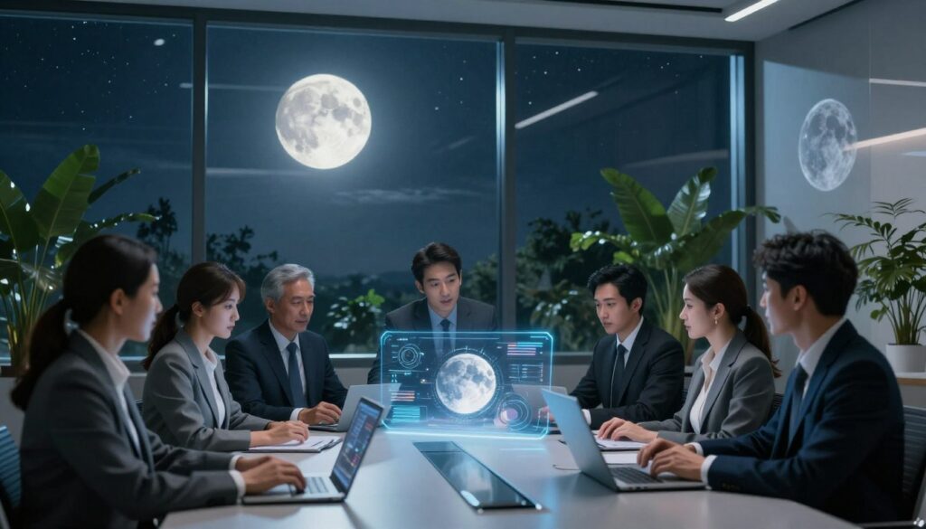 A futuristic business office with large windows showcasing a serene moonlit landscape outside, featuring a glowing waxing moon illuminating the night sky. In the foreground, a diverse group of professionals in business attire enthusiastically gather around a sleek conference table, analyzing holographic charts and moon phase diagrams. The middle ground includes plant life symbolizing growth and vitality, intertwined with subtle lunar motifs. In the background, the glowing moon is reflected on the walls, creating an ethereal atmosphere. Soft, cool lighting enhances the professional yet inspiring mood. The angle captures both the professionals' engagement and the captivating lunar landscape, emphasizing the theme of harnessing lunar energy for business momentum.