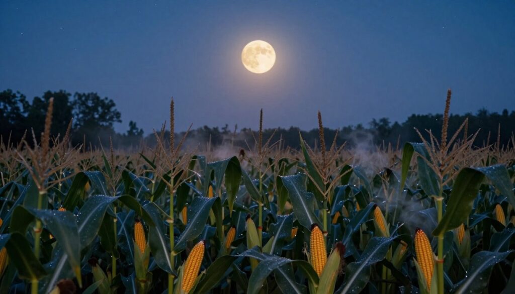 A luminous Corn Moon hangs low in a twilight sky, casting a gentle, golden light over a vibrant cornfield in the foreground. Tall stalks of corn sway slightly in a soft breeze, their leaves glistening with dew, while a few scattered cobs peek through, showcasing their rich yellow kernels. Ethereal wisps of mist rise from the ground, adding to the enchanting atmosphere. In the middle ground, silhouettes of distant trees frame the edges of the field, their dark forms contrasting with the soft glow of the moon. The background is a deep indigo sky speckled with twinkling stars, creating a serene and magical ambiance. The scene is captured with a wide-angle lens, emphasizing both the vastness of the sky and the intricate details of the cornfield, enveloped in a tranquil, mystical mood. A luminous Corn Moon hangs low in a twilight sky, casting a gentle, golden light over a vibrant cornfield in the foreground. Tall stalks of corn sway slightly in a soft breeze, their leaves glistening with dew, while a few scattered cobs peek through, showcasing their rich yellow kernels. Ethereal wisps of mist rise from the ground, adding to the enchanting atmosphere. In the middle ground, silhouettes of distant trees frame the edges of the field, their dark forms contrasting with the soft glow of the moon. The background is a deep indigo sky speckled with twinkling stars, creating a serene and magical ambiance. The scene is captured with a wide-angle lens, emphasizing both the vastness of the sky and the intricate details of the cornfield, enveloped in a tranquil, mystical mood.