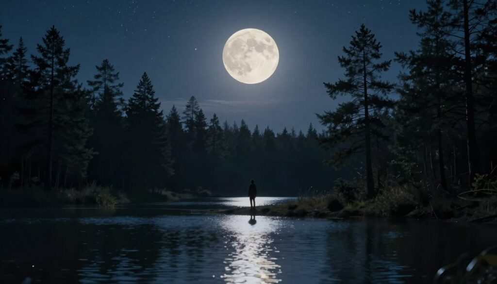 A luminous full moon casts a soft, ethereal glow across a serene nighttime landscape, illuminating a tranquil lake in the foreground that reflects its brilliance. Surrounding the lake, silhouettes of tall pine trees create a sense of calm and solitude. In the middle ground, a small figure in modest casual clothing stands on the shore, gazing thoughtfully at the moon, hinting at introspection and depth of emotion. The background features a starry sky filled with shimmering constellations, enhancing the mystical atmosphere. The lighting is soft and diffused, casting gentle shadows that evoke a sense of serenity and heightened emotions. The overall mood of the image is one of contemplation, tranquility, and the awe-inspiring beauty of the full moon's influence on our feelings.