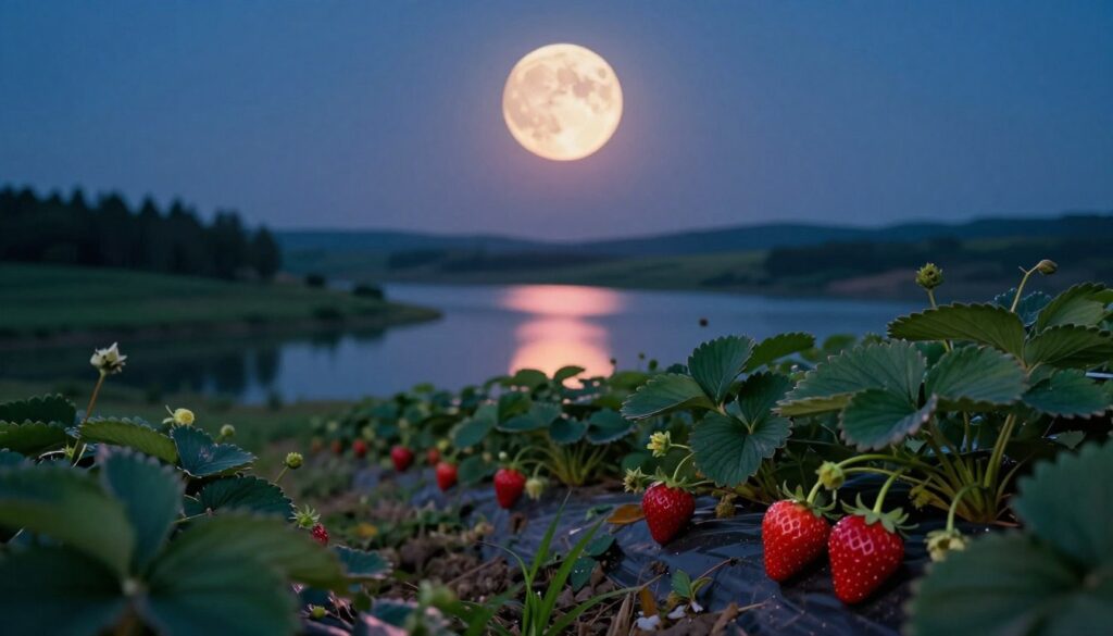 A luminous full moon, resembling a large ripe strawberry, hangs low in a deep indigo sky, casting a soft, warm glow over a tranquil landscape. In the foreground, vibrant strawberry plants with lush green leaves stretch out, their red fruits glistening under the moonlight. In the middle ground, a serene lake reflects the moon's rosy hue, surrounded by gentle rolling hills. The background features a distant forest, softly blurred, creating depth. The scene is illuminated by ethereal moonlight, enhancing the rich colors and setting a nostalgic and enchanting mood. The perspective is slightly elevated, as if viewed from a quiet hilltop, inviting the viewer to bask in the tranquil beauty of the Strawberry Moon night. A luminous full moon, resembling a large ripe strawberry, hangs low in a deep indigo sky, casting a soft, warm glow over a tranquil landscape. In the foreground, vibrant strawberry plants with lush green leaves stretch out, their red fruits glistening under the moonlight. In the middle ground, a serene lake reflects the moon's rosy hue, surrounded by gentle rolling hills. The background features a distant forest, softly blurred, creating depth. The scene is illuminated by ethereal moonlight, enhancing the rich colors and setting a nostalgic and enchanting mood. The perspective is slightly elevated, as if viewed from a quiet hilltop, inviting the viewer to bask in the tranquil beauty of the Strawberry Moon night.