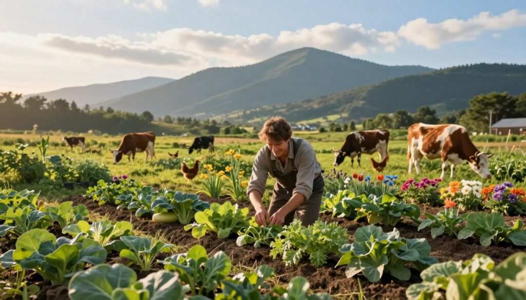 A lush biodynamic farm scene, showcasing the harmonious relationship between agriculture and nature. In the foreground, a diverse array of vibrant crops, including vegetables and flowers, grows in neat rows, with a farmer in modest, comfortable clothing tending to the plants, a smile of contentment on their face. The middle ground features a rich, green landscape with grazing animals, such as cows and chickens, coexisting peacefully. The background reveals a picturesque mountain range under a soft blue sky with wispy clouds. The soft, golden light of the late afternoon sun bathes the scene, creating a warm, inviting atmosphere. The angle captures the entirety of this biodynamic ecosystem, emphasizing its environmental benefits and sustainable practices at the center of the imagery.