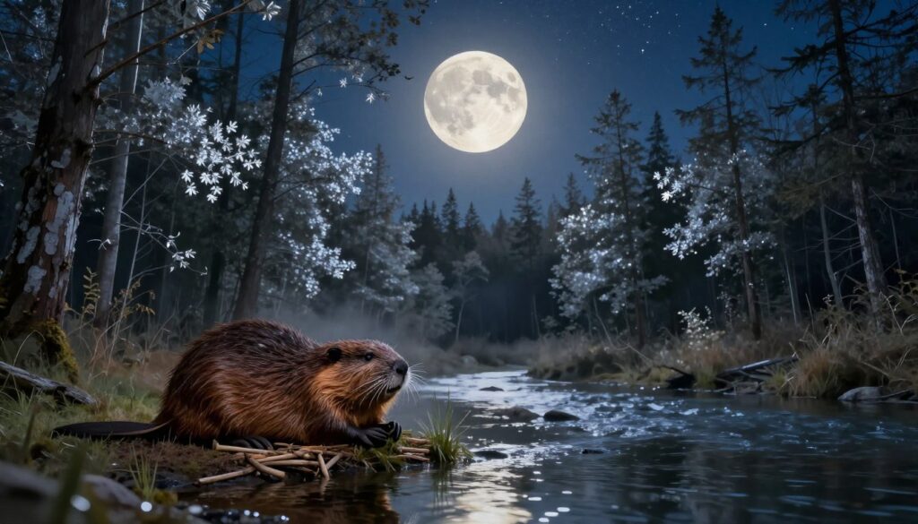 A magnificent Beaver Moon rises over a serene, starry night sky, casting a soft glow on a tranquil forest landscape. In the foreground, a picturesque beaver lodge made of sticks and mud sits beside a gently flowing river, reflecting the moonlight. The middle ground features tall, majestic trees with leaves shimmering in silvery hues under the moon's illumination. In the background, a deep blue sky sprinkled with twinkling stars adds to the cosmic atmosphere. The scene captures a sense of peace and wonder, evoking the astrological significance of the Beaver Moon as a time for reflection and intention setting. The lighting is warm and ethereal, creating a dreamlike quality, with a slight mist rising above the water for added mystique. A magnificent Beaver Moon rises over a serene, starry night sky, casting a soft glow on a tranquil forest landscape. In the foreground, a picturesque beaver lodge made of sticks and mud sits beside a gently flowing river, reflecting the moonlight. The middle ground features tall, majestic trees with leaves shimmering in silvery hues under the moon's illumination. In the background, a deep blue sky sprinkled with twinkling stars adds to the cosmic atmosphere. The scene captures a sense of peace and wonder, evoking the astrological significance of the Beaver Moon as a time for reflection and intention setting. The lighting is warm and ethereal, creating a dreamlike quality, with a slight mist rising above the water for added mystique.