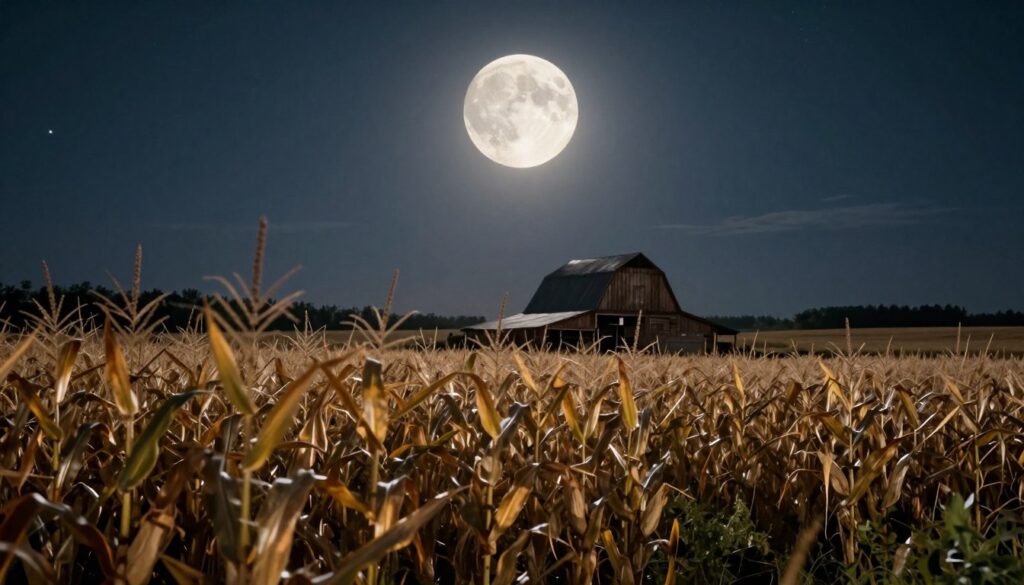 A majestic full corn moon rises prominently in the night sky, illuminating a serene agricultural landscape. In the foreground, golden corn stalks sway gently in the breeze, their leaves backlit by the moonlight, casting delicate shadows on the ground. The middle ground features a rustic wooden barn nestled amongst fields, its silhouette soft against the luminous moon, surrounded by a softly glowing aura. In the background, a vast expanse of stars twinkles in the dark sky, creating a cosmic backdrop that emphasizes the moon's brightness. The overall atmosphere is tranquil and introspective, evoking a sense of connection to nature and the changing seasons. The lighting is soft yet clear, with a focus on the interplay between the moonlight and the corn, captured with a wide-angle lens to enhance depth and perspective. A majestic full corn moon rises prominently in the night sky, illuminating a serene agricultural landscape. In the foreground, golden corn stalks sway gently in the breeze, their leaves backlit by the moonlight, casting delicate shadows on the ground. The middle ground features a rustic wooden barn nestled amongst fields, its silhouette soft against the luminous moon, surrounded by a softly glowing aura. In the background, a vast expanse of stars twinkles in the dark sky, creating a cosmic backdrop that emphasizes the moon's brightness. The overall atmosphere is tranquil and introspective, evoking a sense of connection to nature and the changing seasons. The lighting is soft yet clear, with a focus on the interplay between the moonlight and the corn, captured with a wide-angle lens to enhance depth and perspective.