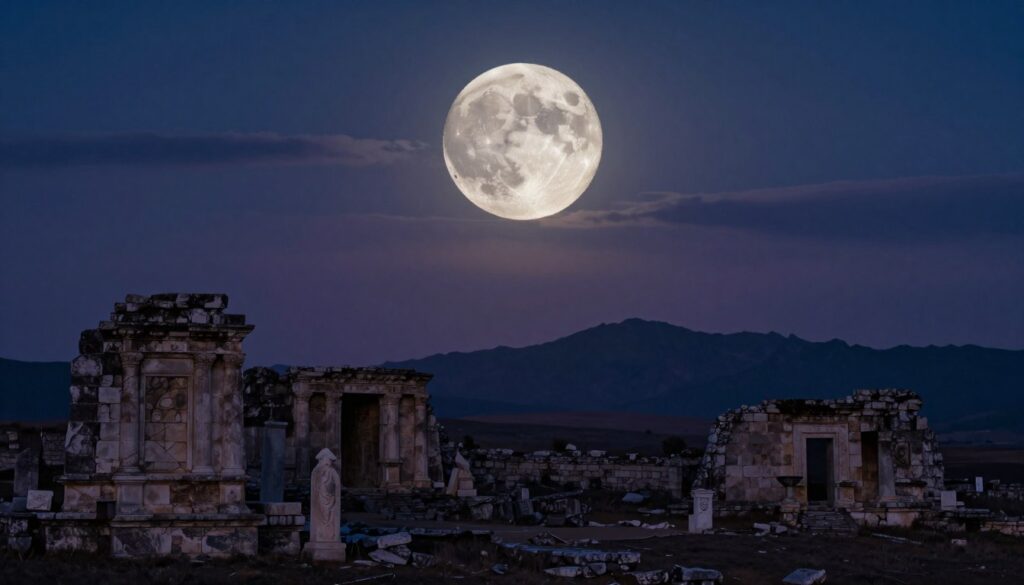 A majestic gibbous moon illuminates an ancient landscape steeped in history. In the foreground, rugged stone ruins and timeworn artifacts hint at a bygone civilization, bathed in the soft, silvery glow of moonlight. In the middle ground, a twilight sky gradually transitions from deep navy to dusky lavender, enhancing the moon's luminous presence. Wispy clouds drift gently, partially veiling the moon, creating a sense of mystery. In the background, shadowy silhouettes of distant mountains rise against the horizon, emphasizing the grandeur of the celestial body. The scene captures a contemplative mood, evoking thoughts of the moon's historical significance across cultures, while the light subtly casts dramatic shadows, heightening the ethereal atmosphere. The image is framed as if viewed through a wide-angle lens, inviting the viewer to explore this enchanting landscape.