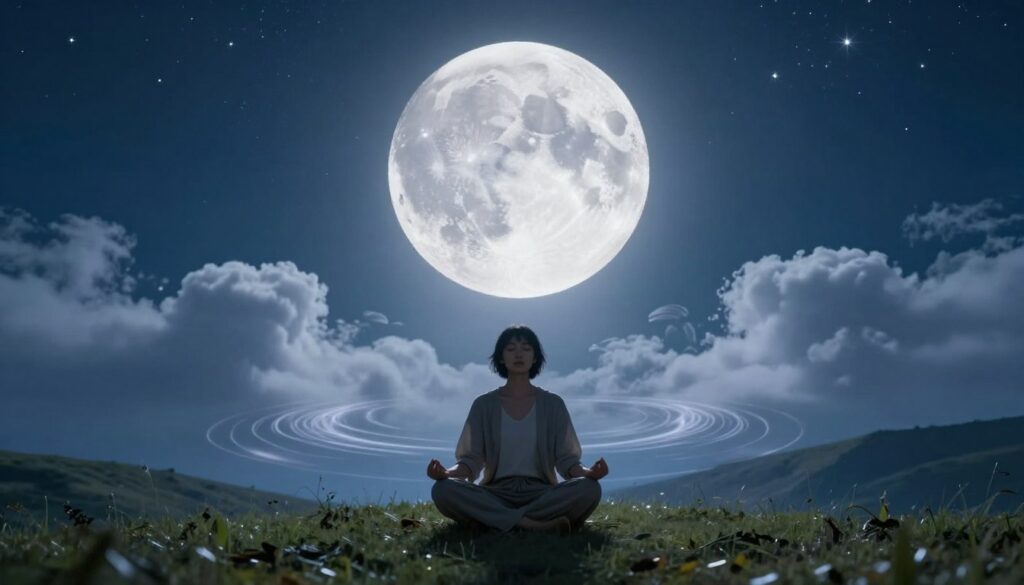 A mesmerizing full moon dominates the night sky, casting a silvery glow over a tranquil landscape. In the foreground, a serene figure sits cross-legged on a grassy hill, dressed in modest casual clothing, eyes closed in meditation, fully immersed in the energy of the moon. In the middle ground, soft, luminous clouds drift, reflecting the moonlight, while gentle waves of energy ripple outward, symbolizing the power of affirmations. The background features a dark blue sky sprinkled with twinkling stars, enhancing a sense of peace and potential. The lighting is ethereal, bathing the scene in a soft luminescence, while the atmosphere conveys calm, self-reflection, and empowerment, inviting viewers to embrace the transformative energy of the full moon.