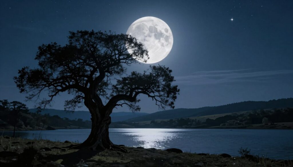 A mesmerizing full moon dominating a starry night sky, casting a soft, silvery light over a tranquil landscape below. In the foreground, an ancient, gnarled tree stands silhouetted against the moonlight, its branches reaching outward like arms embracing the celestial body. In the middle ground, a serene lake reflects the luminous moon and twinkling stars, creating a sense of harmony and connection. The background features rolling hills fading into the distance, subtly illuminated by the moon's glow. The scene captures a mystical atmosphere, evoking feelings of wonder and introspection. The lighting is soft with a cool blue hue, enhancing the ethereal quality of the night. The image is captured from a low angle, emphasizing the grandeur of the moon in relation to the earth below.