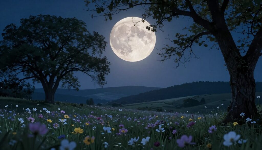 A mesmerizing night scene showcasing the Worm Moon illuminating a serene landscape. In the foreground, a lush field of blooming flowers, representing spring, sways gently under the moonlight. In the middle ground, a silhouette of ancient trees reaches towards the sky, their branches framing the magnificent full moon with a soft, warm glow. The moon is large and round, its surface intricately detailed with craters, casting a silvery light that bathes the entire scene in ethereal luminescence. In the background, rolling hills are bathed in deep blue shadows, creating depth and tranquility. The atmosphere feels mystical and calming, inviting viewers to reflect on the beauty and significance of lunar cycles. The lighting is soft and diffused, creating a dreamlike quality, ideal for invoking thoughts about the timing of celestial events. A mesmerizing night scene showcasing the Worm Moon illuminating a serene landscape. In the foreground, a lush field of blooming flowers, representing spring, sways gently under the moonlight. In the middle ground, a silhouette of ancient trees reaches towards the sky, their branches framing the magnificent full moon with a soft, warm glow. The moon is large and round, its surface intricately detailed with craters, casting a silvery light that bathes the entire scene in ethereal luminescence. In the background, rolling hills are bathed in deep blue shadows, creating depth and tranquility. The atmosphere feels mystical and calming, inviting viewers to reflect on the beauty and significance of lunar cycles. The lighting is soft and diffused, creating a dreamlike quality, ideal for invoking thoughts about the timing of celestial events.
